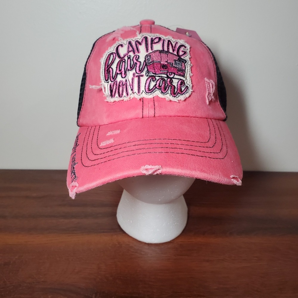 Simply Southern Camping Hair Don't Care‎ Messy Bun Trucker Hat Pink Distressed